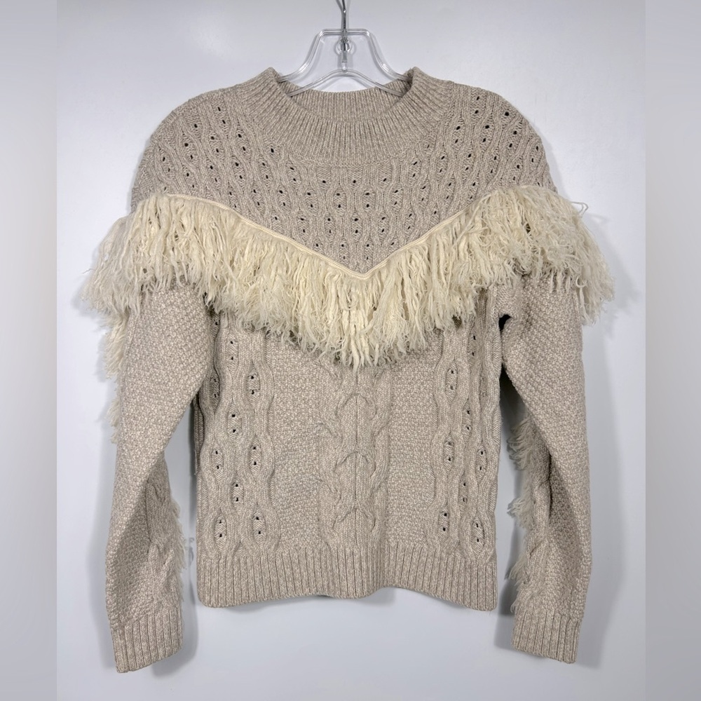 AMUR Ulla Fringe Sweater Size M&L Beige Long Sleeve Cable Knit Merino Wool - Picture 4 of 9